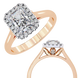 Rose gold ring with a large diamond and smaller diamonds on a white background