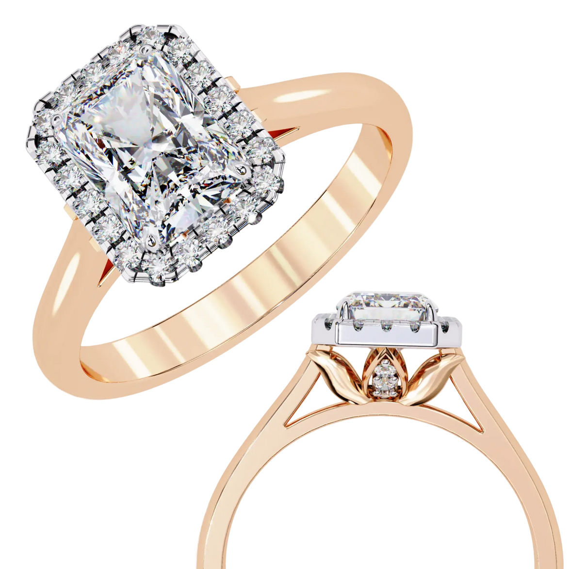 Rose gold ring with a large diamond and smaller diamonds on a white background