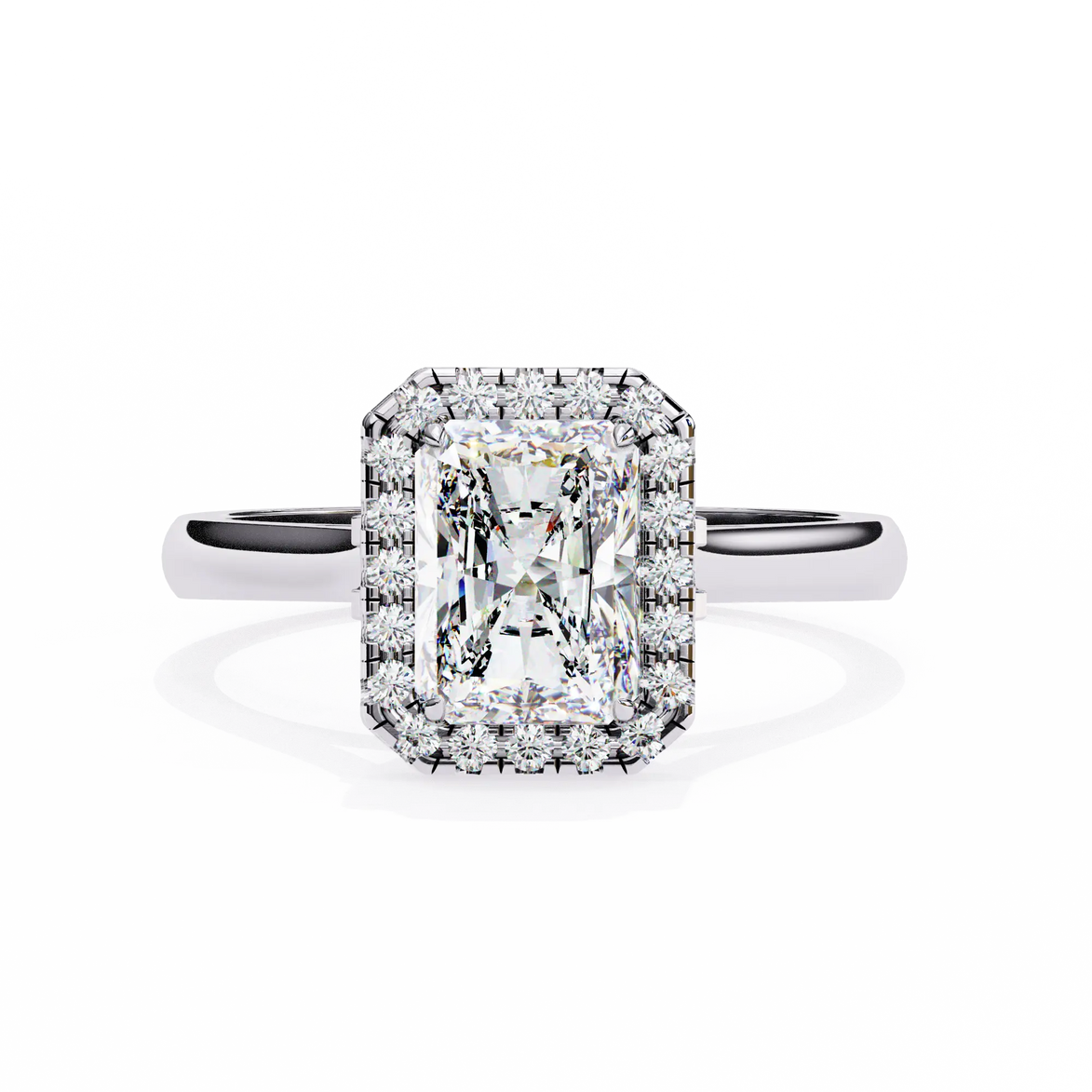 Diamond ring with a rectangular stone on a white background