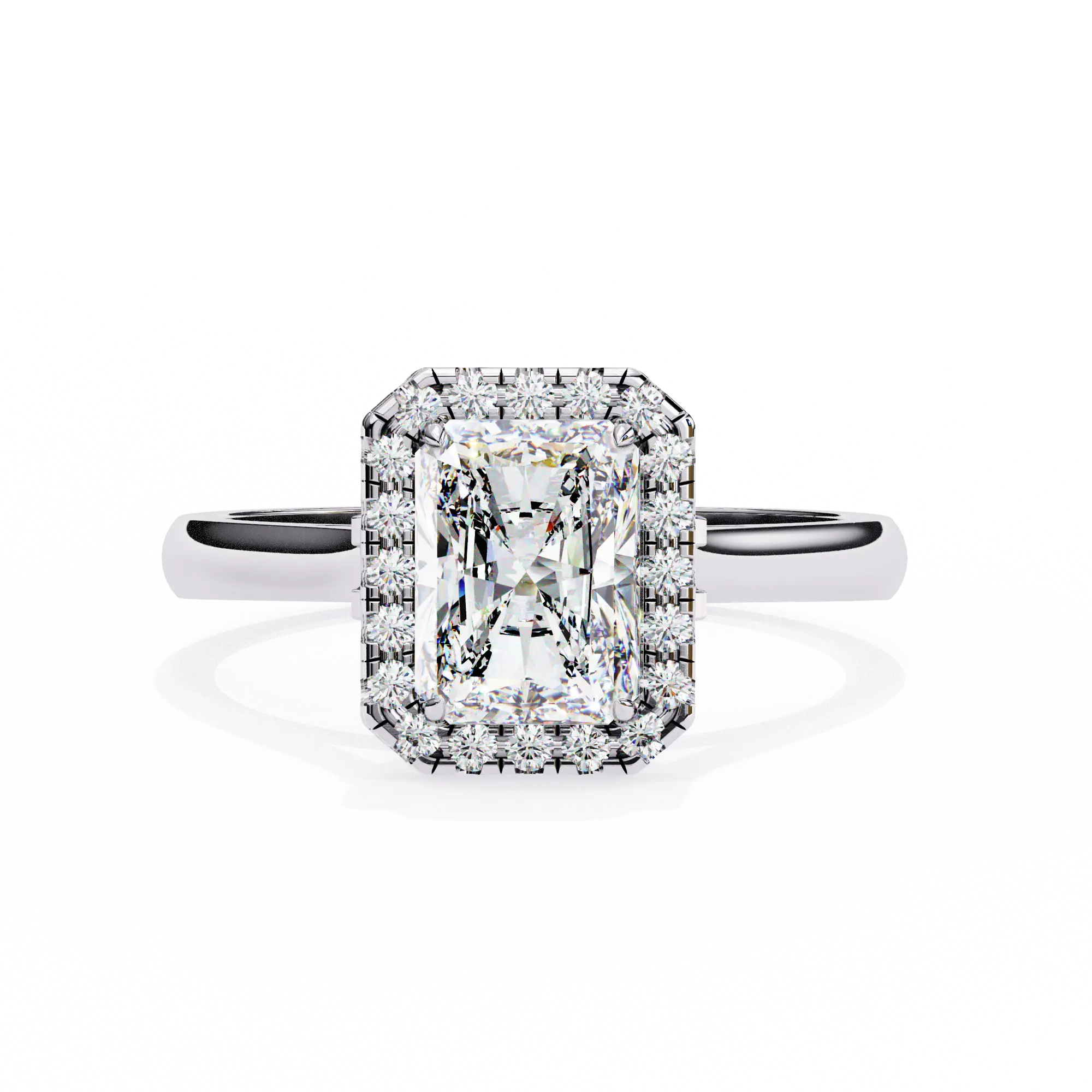 Diamond ring with a rectangular stone on a white background
