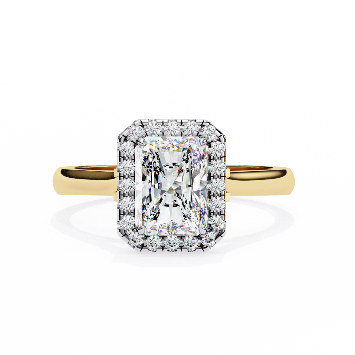 Rose gold ring with a large diamond and smaller diamonds on a white background