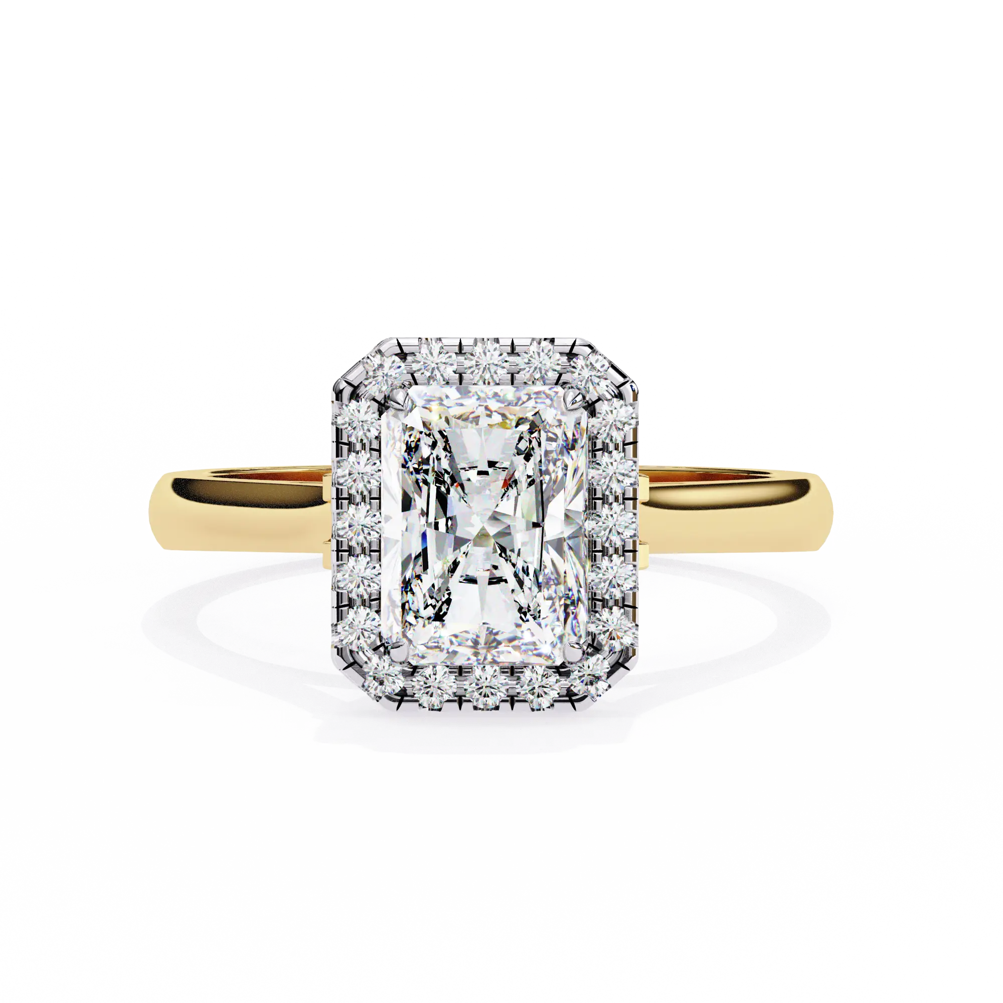 Rose gold ring with a large diamond and smaller diamonds on a white background