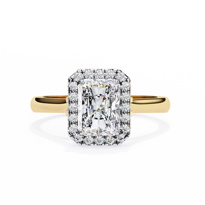 Rose gold ring with a large diamond and smaller diamonds on a white background