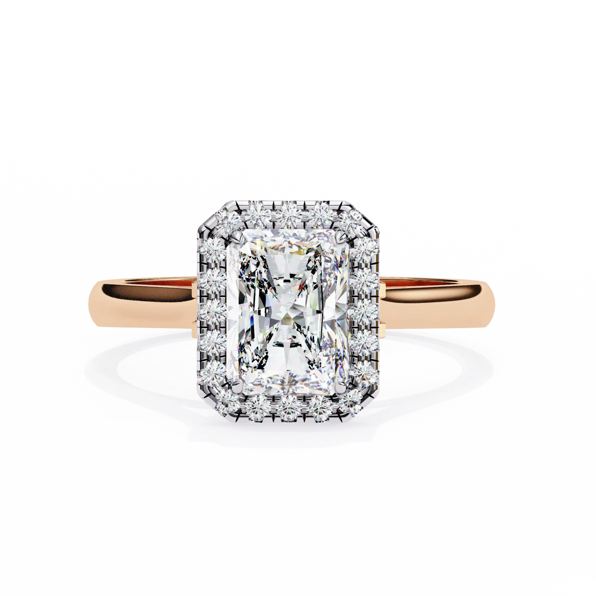 Rose gold ring with a large diamond and smaller diamonds on a white background