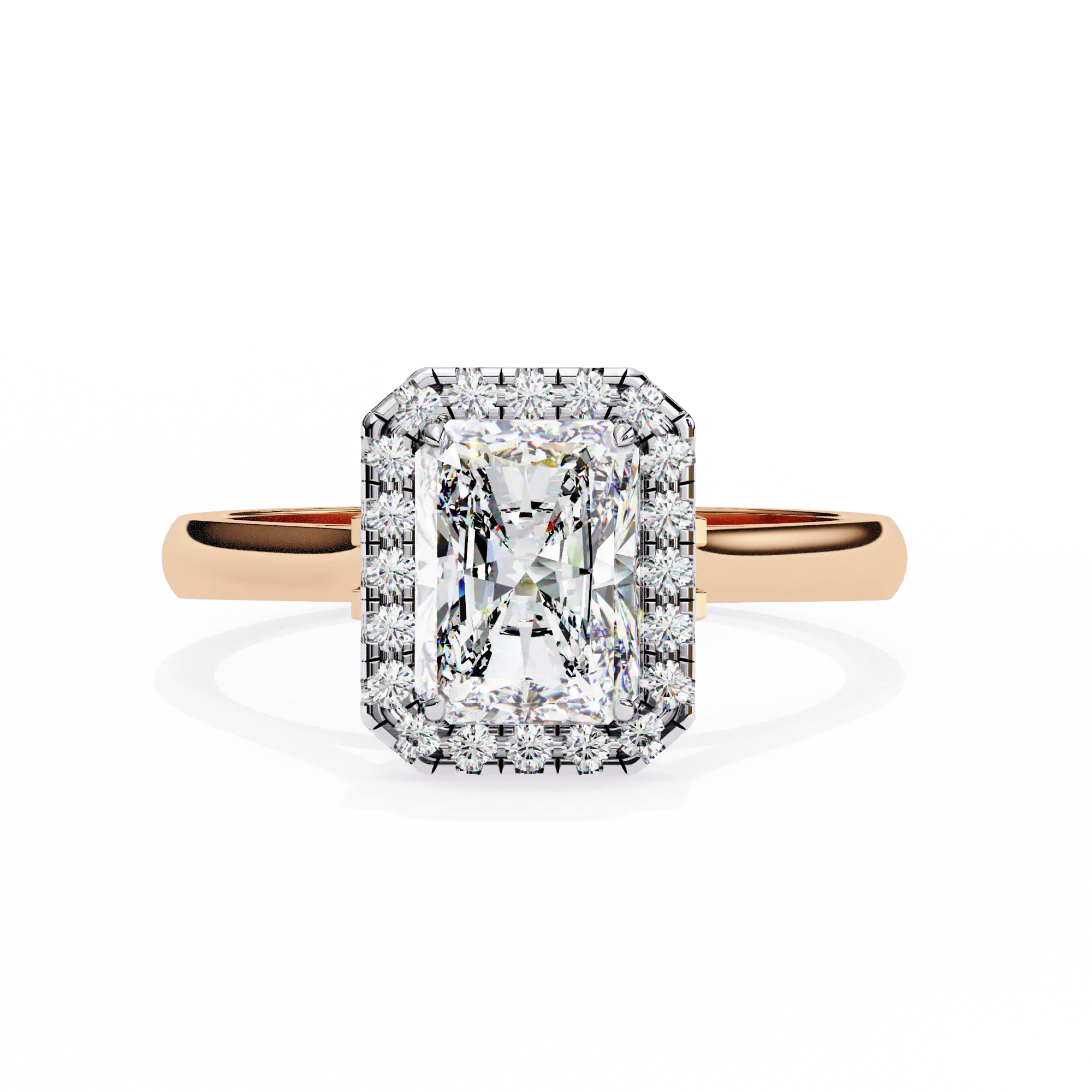 Rose gold ring with a large diamond and smaller diamonds on a white background