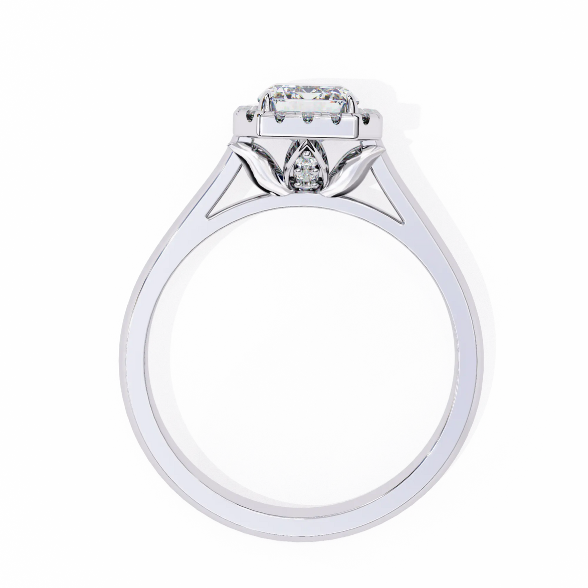 Diamond ring with a white gold band on a white background