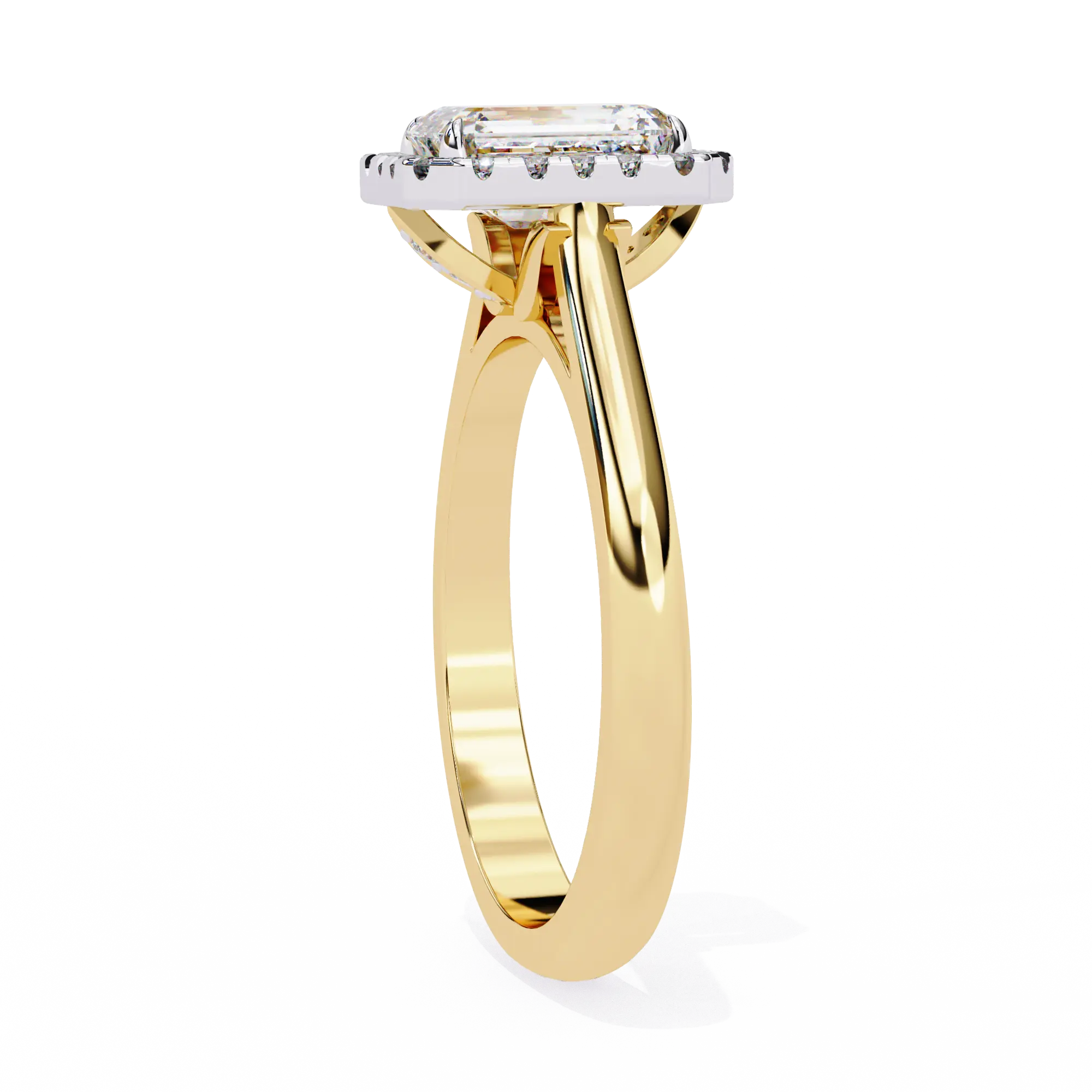 Gold ring with a diamond on a white background