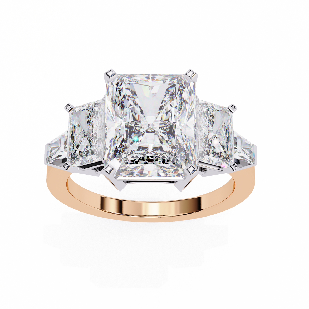 Diamond ring with rose gold band on a white background