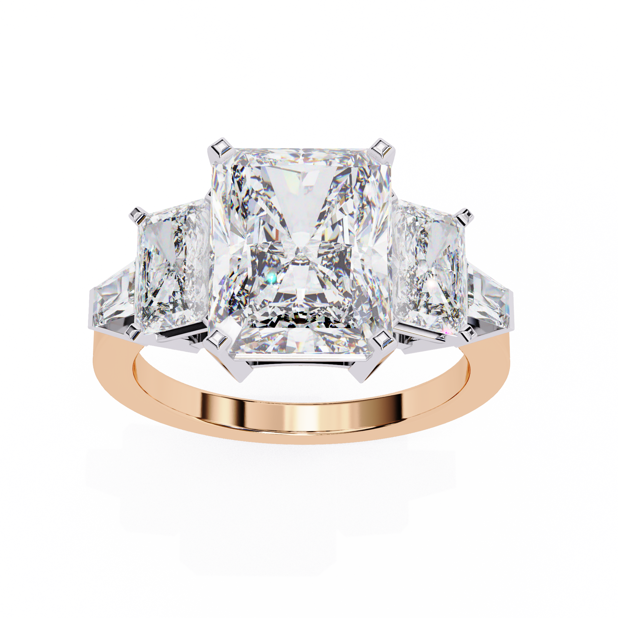 Diamond ring with rose gold band on a white background