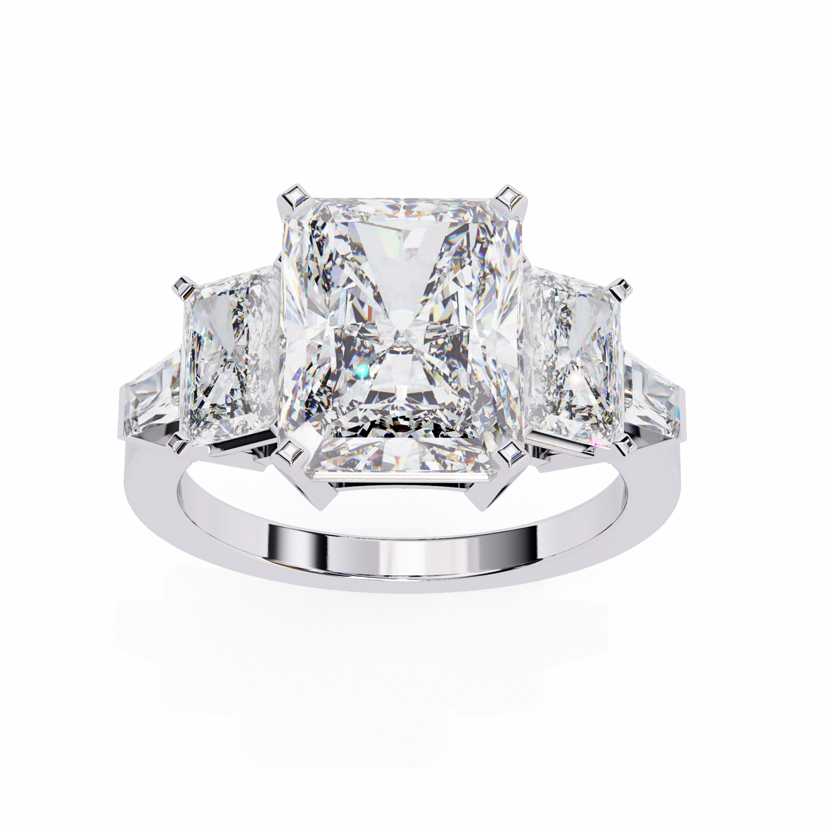Diamond ring with three princess-cut diamonds on a white background