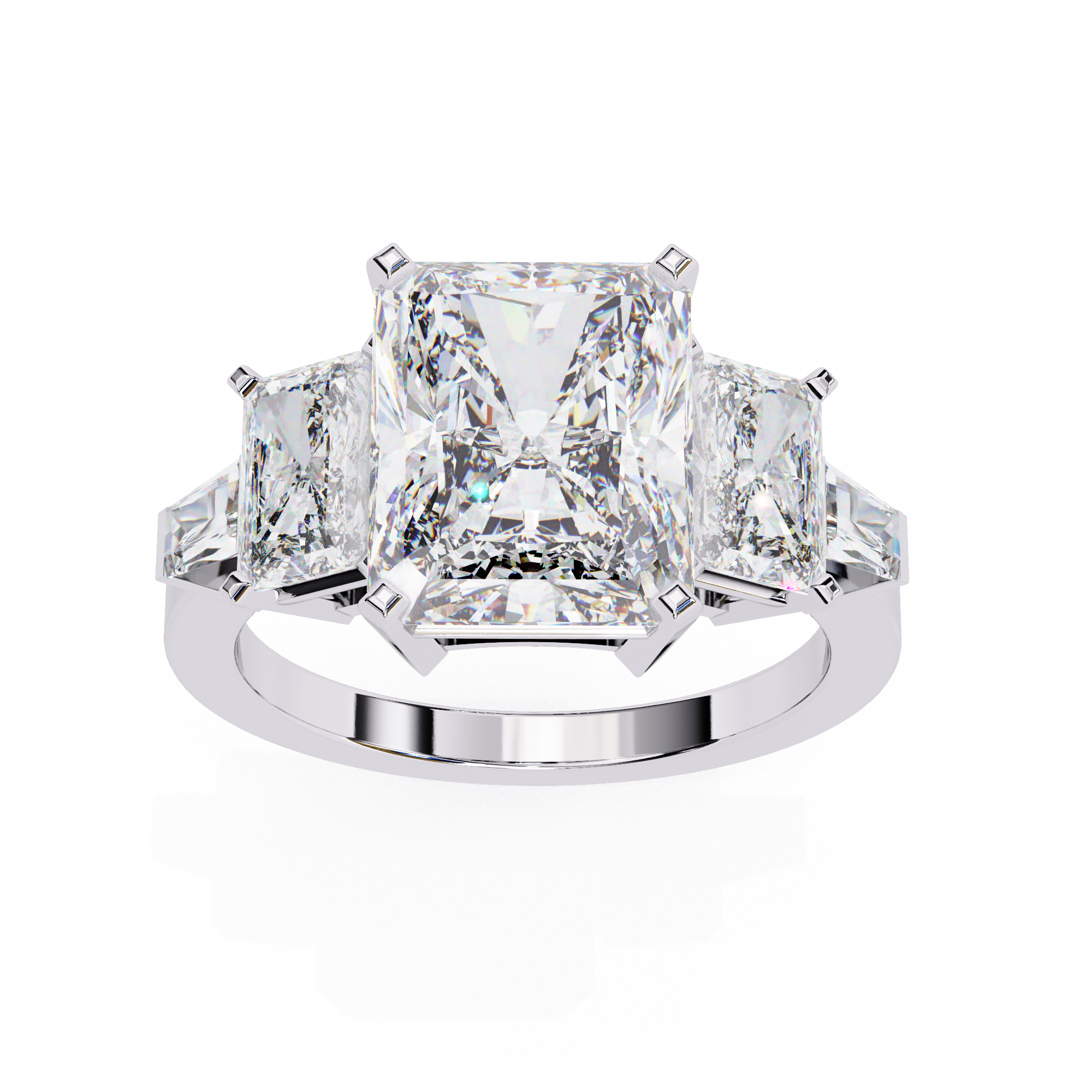 Diamond ring with three princess-cut diamonds on a white background