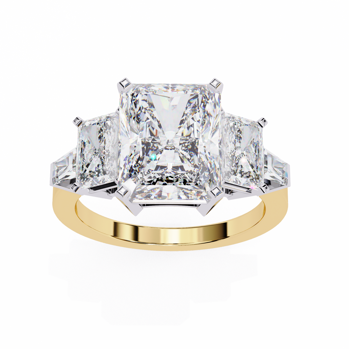 Gold ring with three large diamonds on a white background