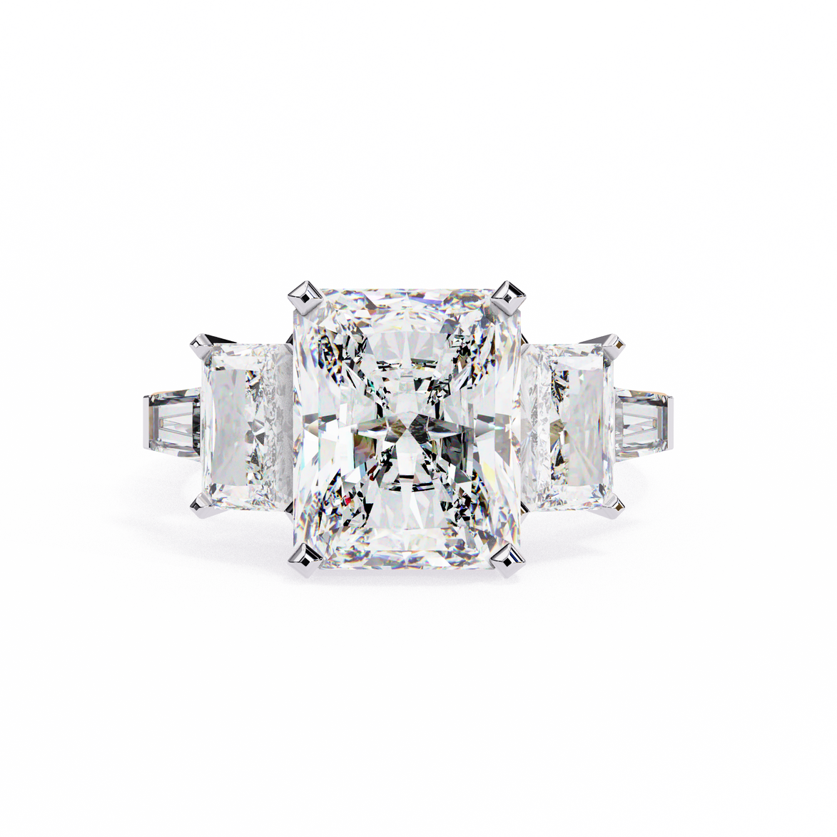 Diamond ring with two side stones on a white background