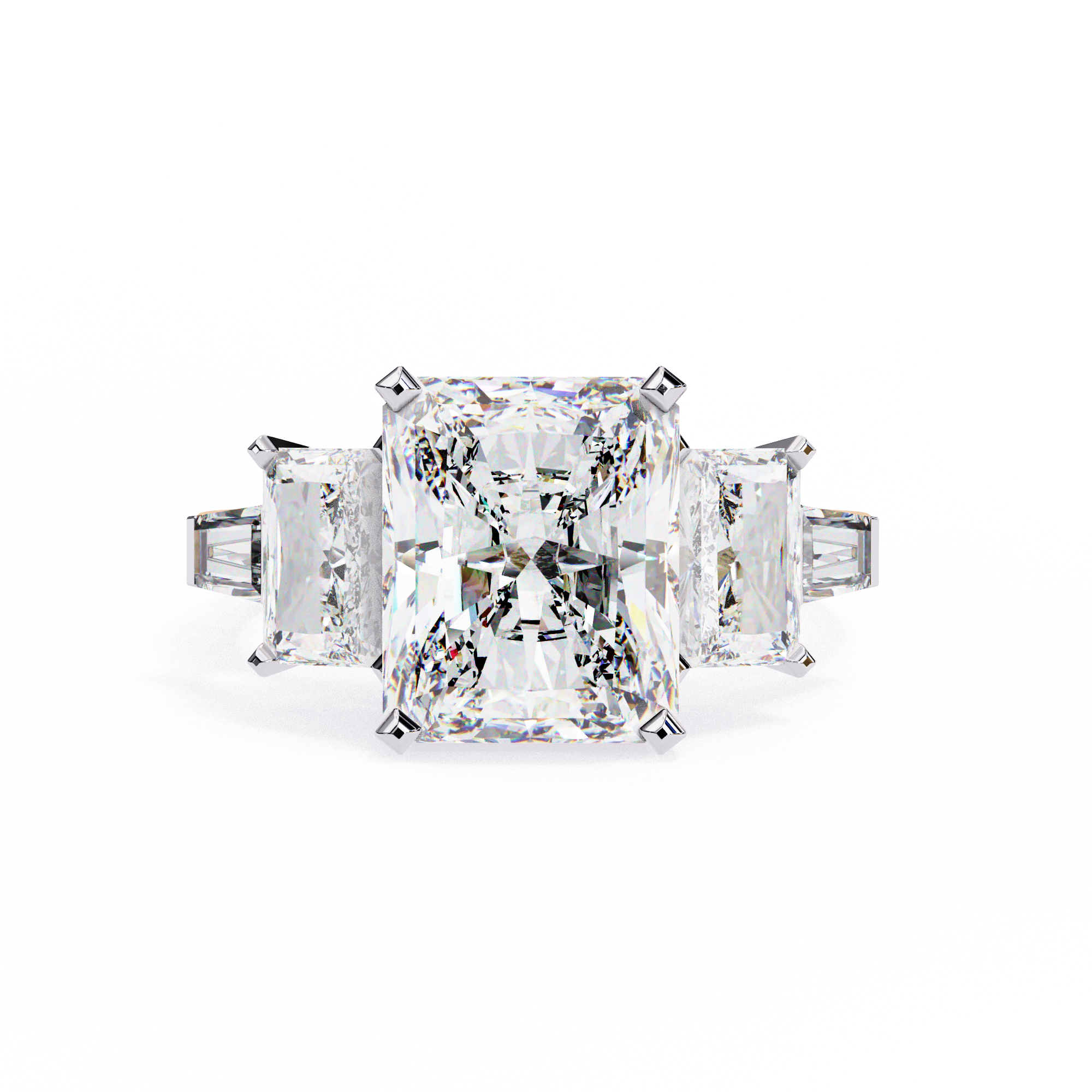 Diamond ring with two side stones on a white background