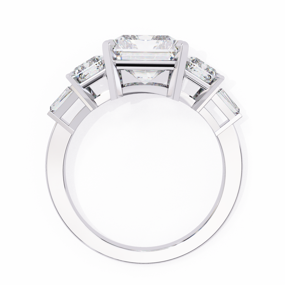 Diamond ring with a central gemstone and smaller stones on a white background