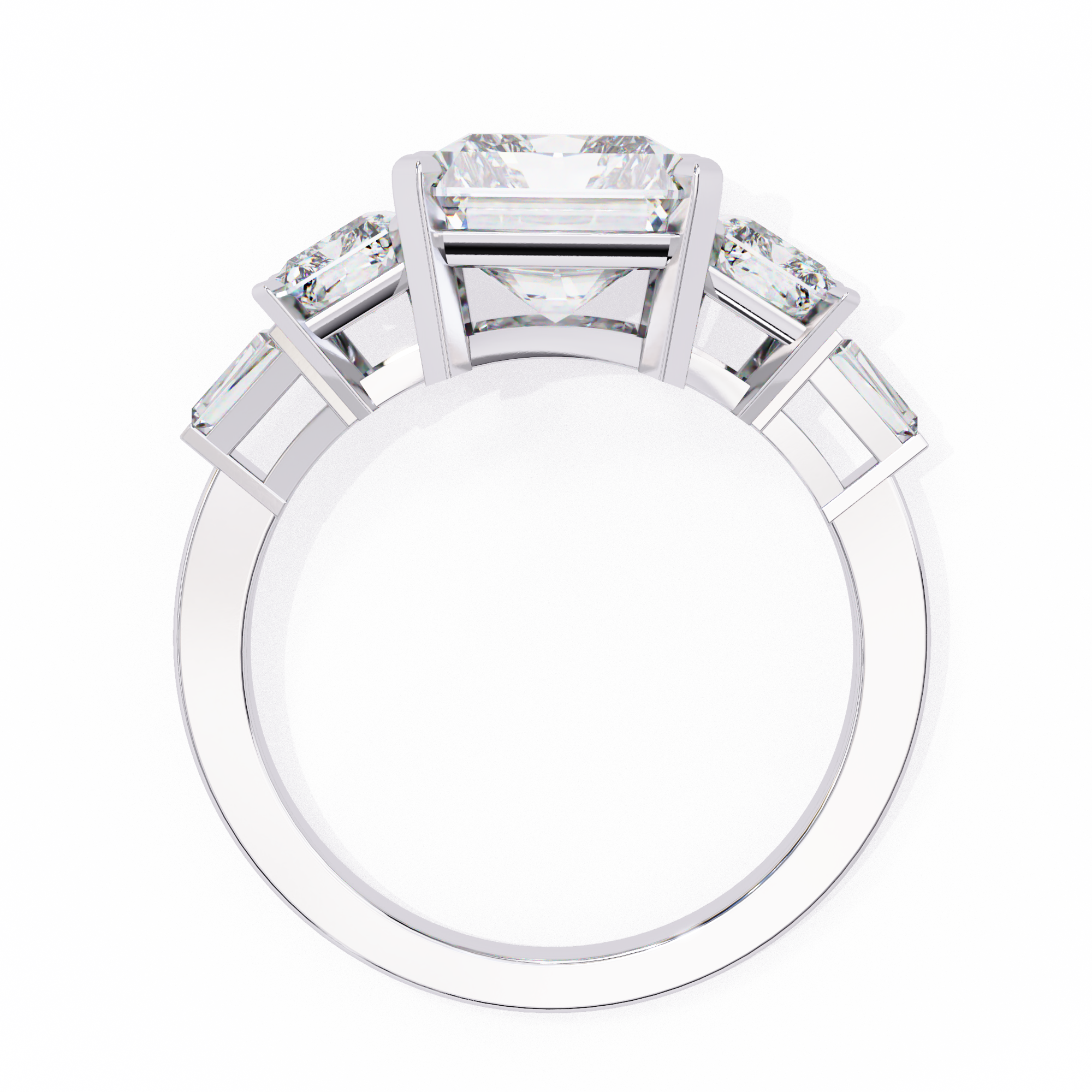 Diamond ring with a central gemstone and smaller stones on a white background