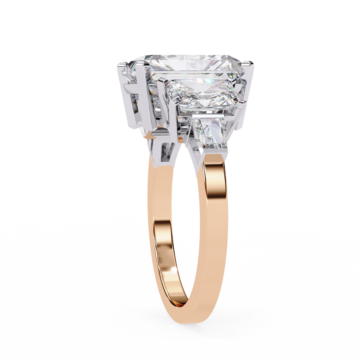 Rose gold ring with a large diamond on a white background