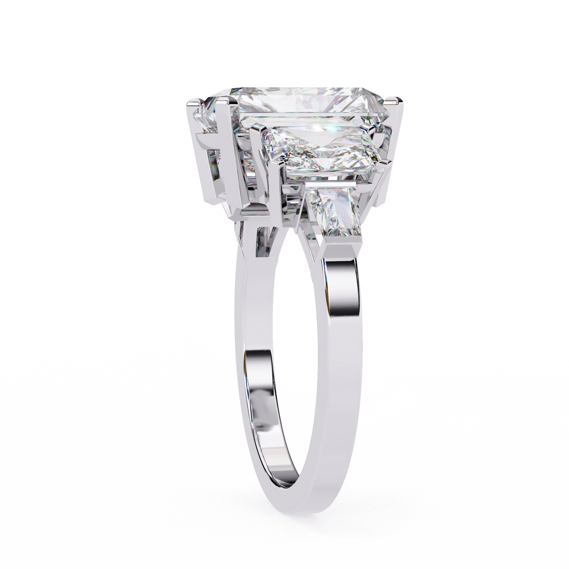 Diamond ring with a rectangular cut diamond on a white background