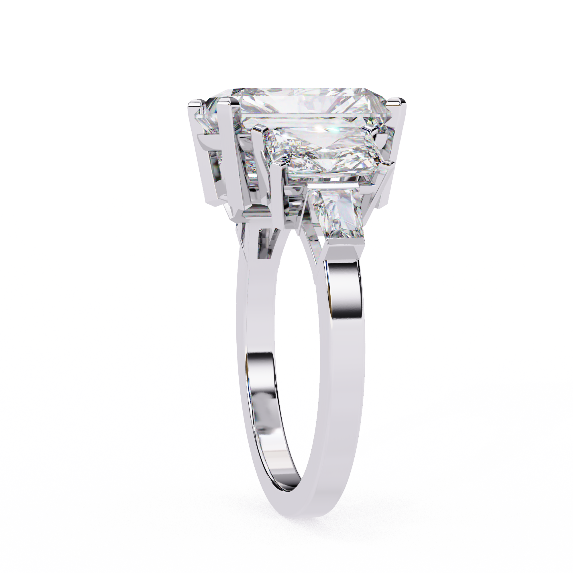 Diamond ring with a rectangular cut diamond on a white background