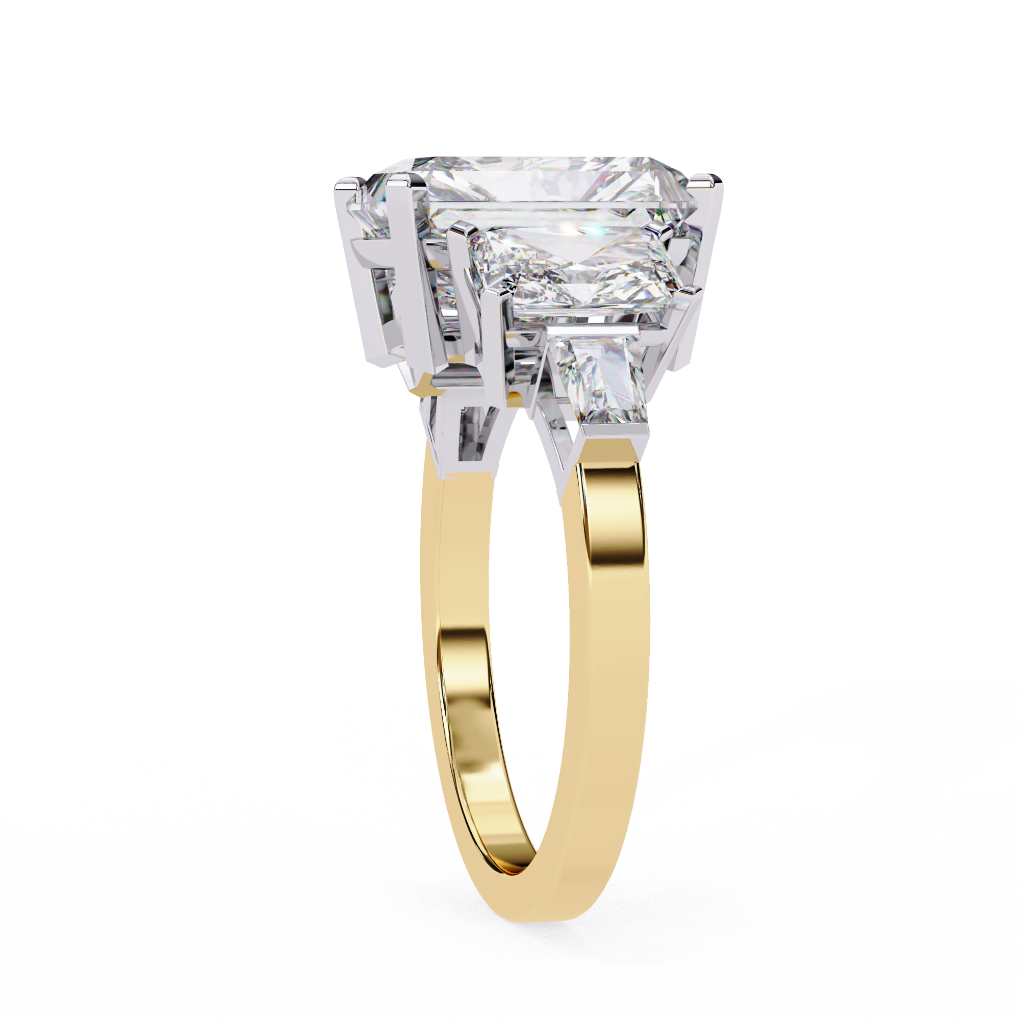 Gold ring with a large diamond on a white background