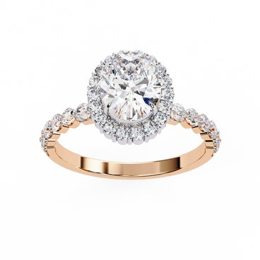 Oval cut lab grown diamond halo engagement ring in rose gold with round diamond band