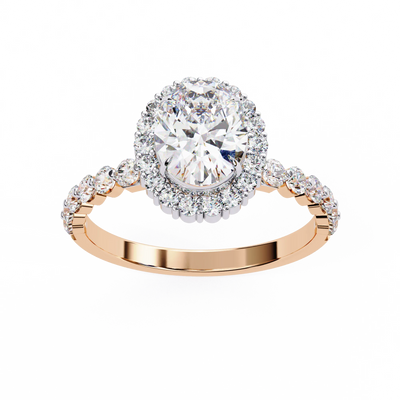 Oval cut lab grown diamond halo engagement ring in rose gold with round diamond band
