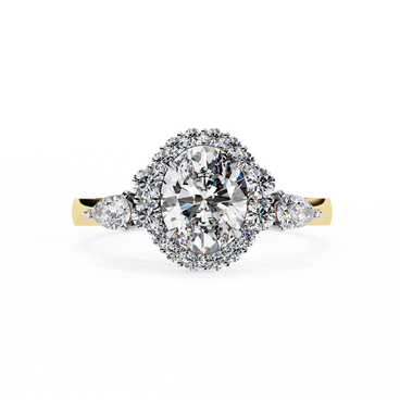 Oval cut lab grown diamond halo engagement ring in yellow gold with pear side diamonds