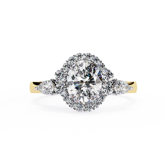 Oval cut lab grown diamond halo engagement ring in yellow gold with pear side diamonds