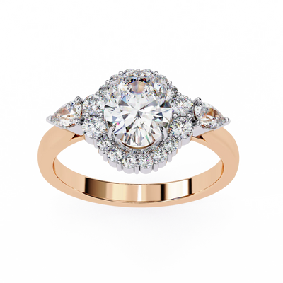 Oval cut lab grown diamond halo engagement ring in rose gold with pear side diamonds
