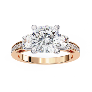 Cushion cut lab grown diamond three-stone engagement ring with pavé split shank in rose gold