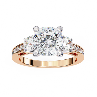 Cushion cut lab grown diamond three-stone engagement ring with pavé split shank in rose gold