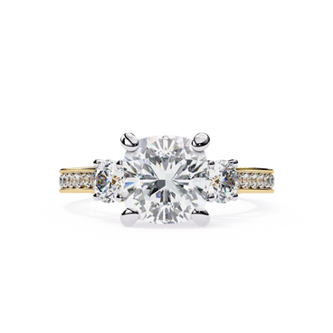 Cushion cut lab grown diamond three-stone engagement ring with pavé split shank in yellow gold