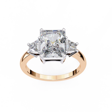 Radiant cut lab grown diamond three-stone engagement ring with tapered baguette side diamonds in rose gold