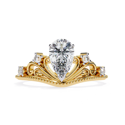 pear diamond filigree crown ring in yellow gold

