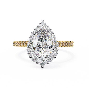 pear diamond graduated halo ring in yellow gold

