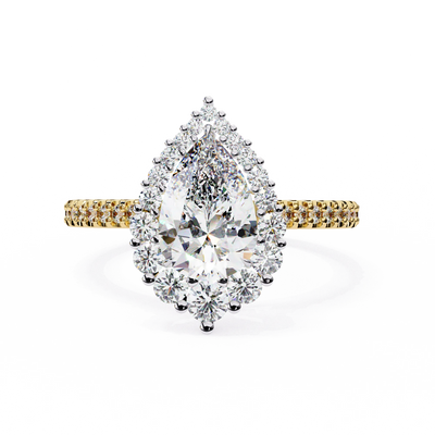 pear diamond graduated halo ring in yellow gold
