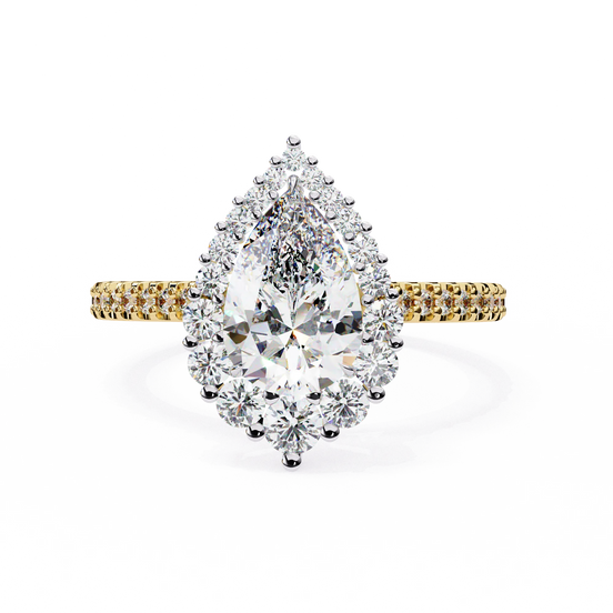 pear diamond graduated halo ring in yellow gold
