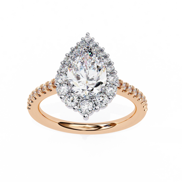 pear diamond graduated halo ring in rose gold
