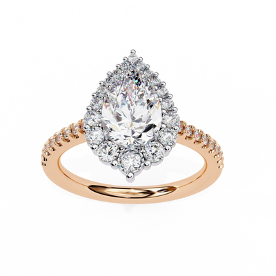 pear diamond graduated halo ring in rose gold
