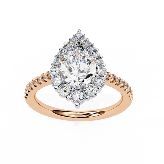 pear diamond graduated halo ring in rose gold

