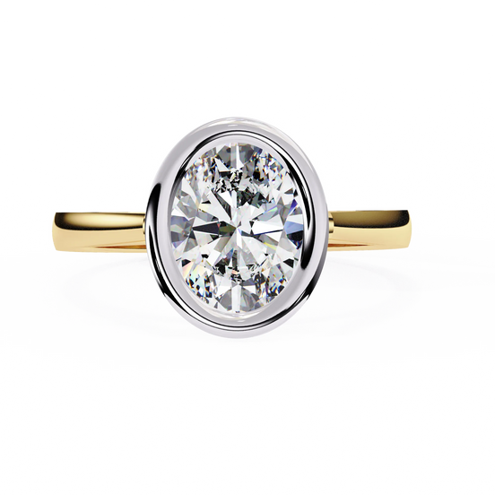 oval diamond bezel solitaire ring in yellow gold
