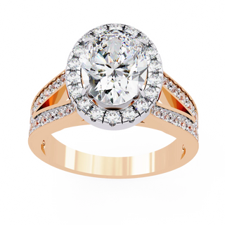 oval diamond split-shank halo ring in rose gold
