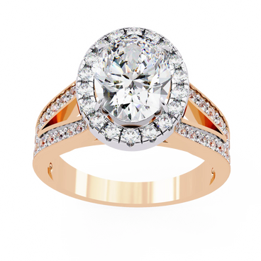 oval diamond split-shank halo ring in rose gold
