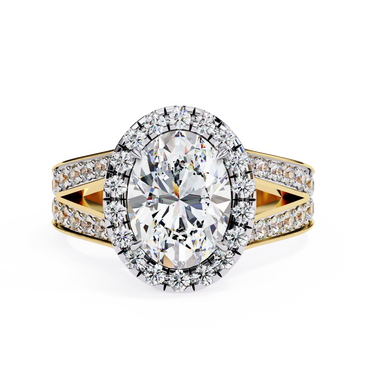 oval diamond split-shank halo ring in yellow gold
