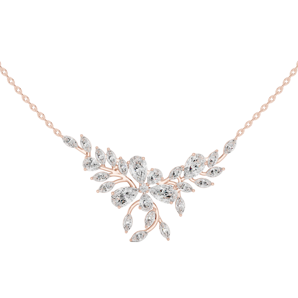 Nature inspired diamond pendant in gold with marquise and pear cut lab grown diamonds by Signora Jewels