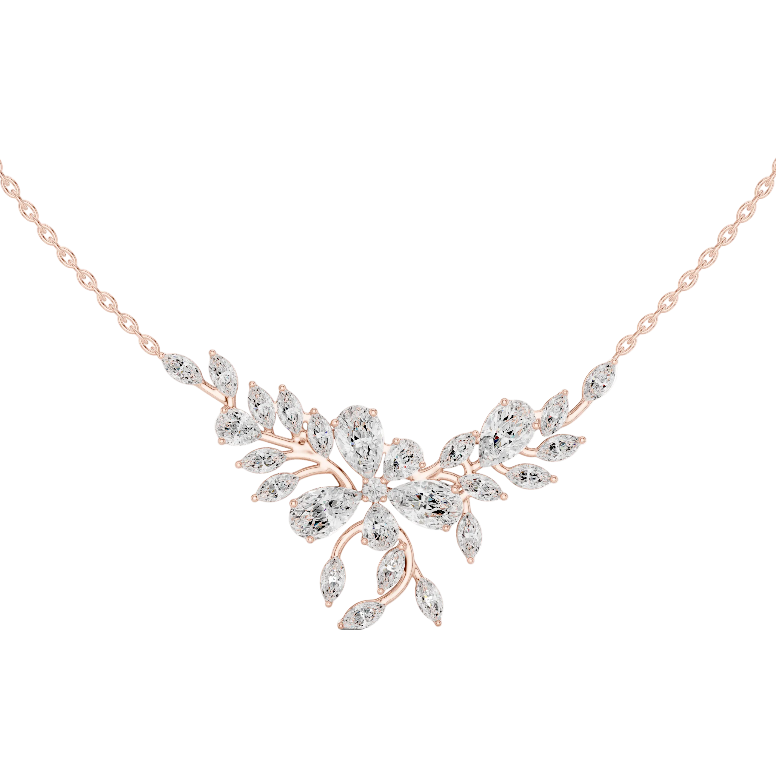 Nature inspired diamond pendant in gold with marquise and pear cut lab grown diamonds by Signora Jewels