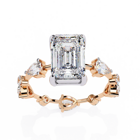 Radiant cut lab grown diamond side-stone engagement ring in rose gold