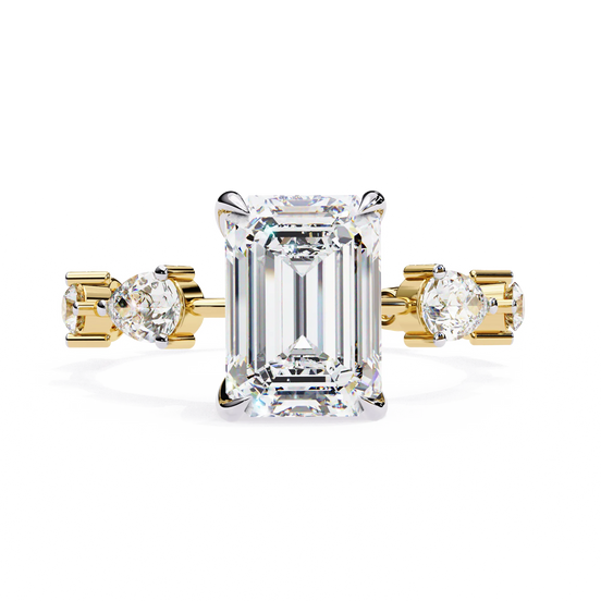 Radiant cut lab grown diamond side-stone engagement ring in yellow gold