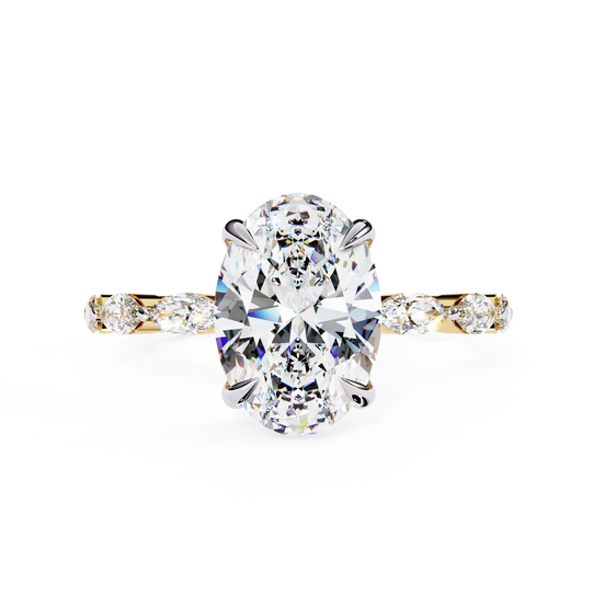 Oval cut lab grown diamond side-stone engagement ring in yellow gold with marquise diamond band