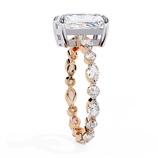 Radiant cut lab grown diamond side-stone engagement ring in rose gold with marquise and round diamond band